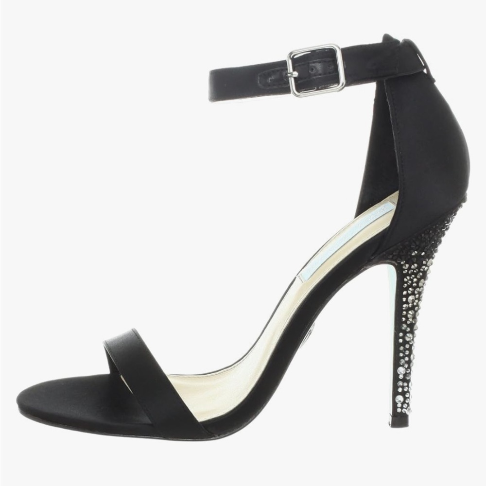 Betsey Johnson Black Satin Stiletto Sandals With Rhinestone Heels Size 8.5